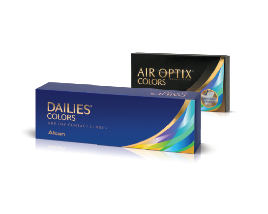 Dailies Colors and Air Optix Colors contact lens boxes