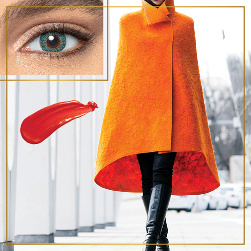 Woman wearing orange cape with Turquoise Air Optix color contact lens